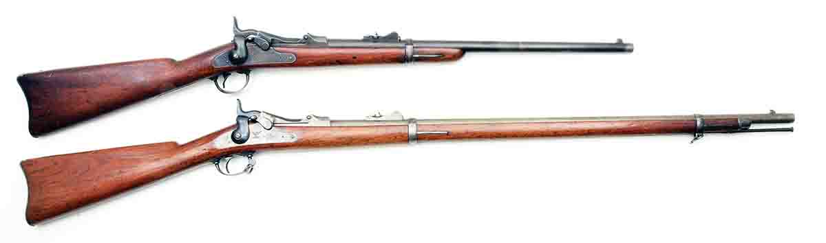 The introductory Model 1873 “trapdoor”.45 Government rifle had a 325⁄8-inch barrel, and the carbine had a 22-inch barrel.